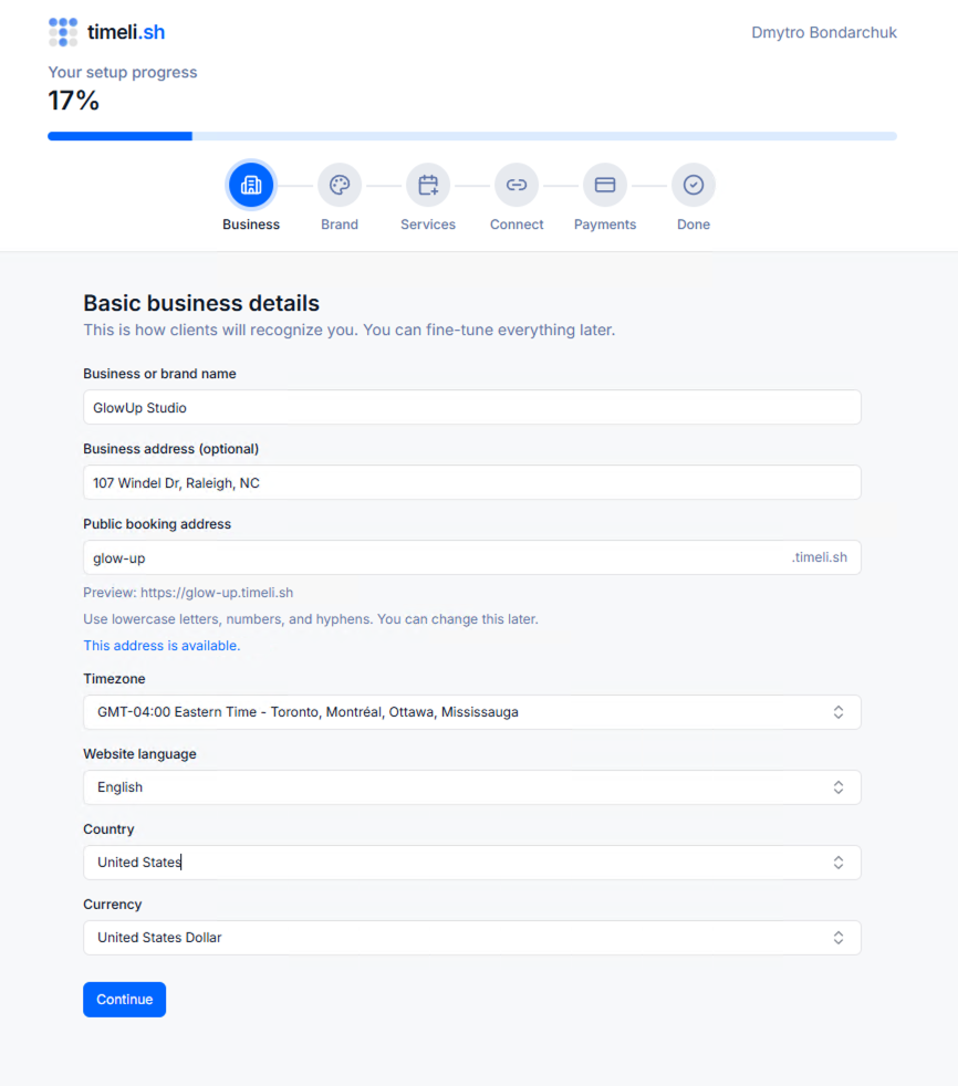 Business details form